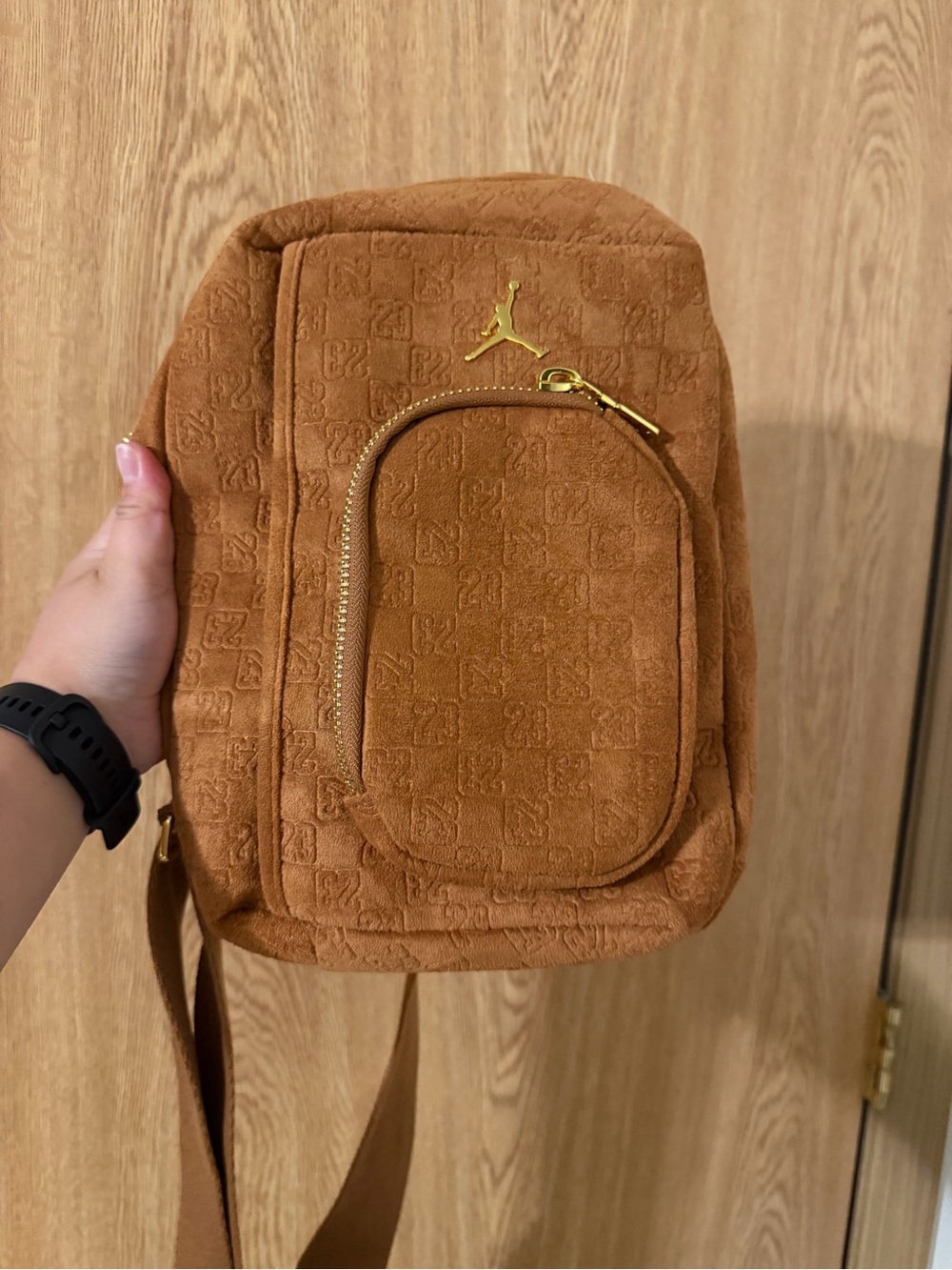 Jordan Tan Suede Sling Bag with Gold Hardware
